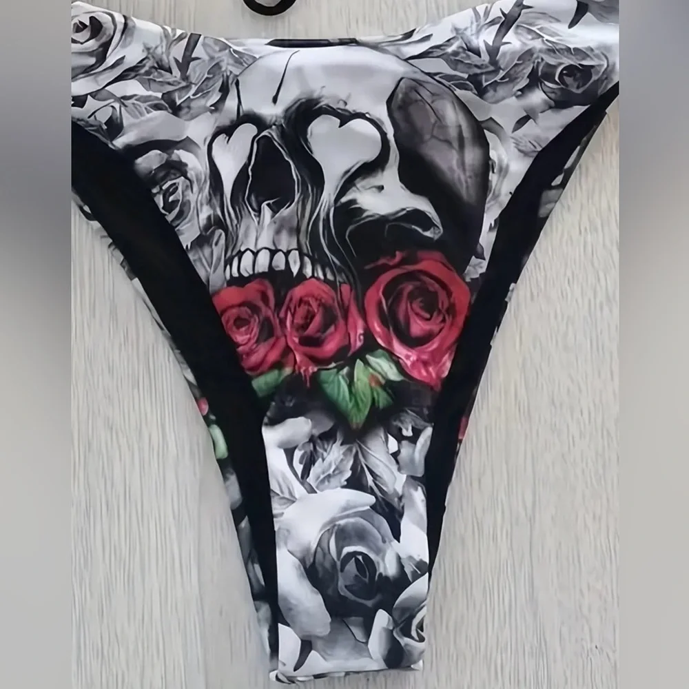 Skull Roses Triangle Halter Side Tie Bikini Set